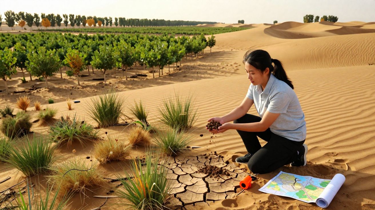 Mulher investiga o solo seco e rachado num deserto perto de uma plantação de árvores verdes.