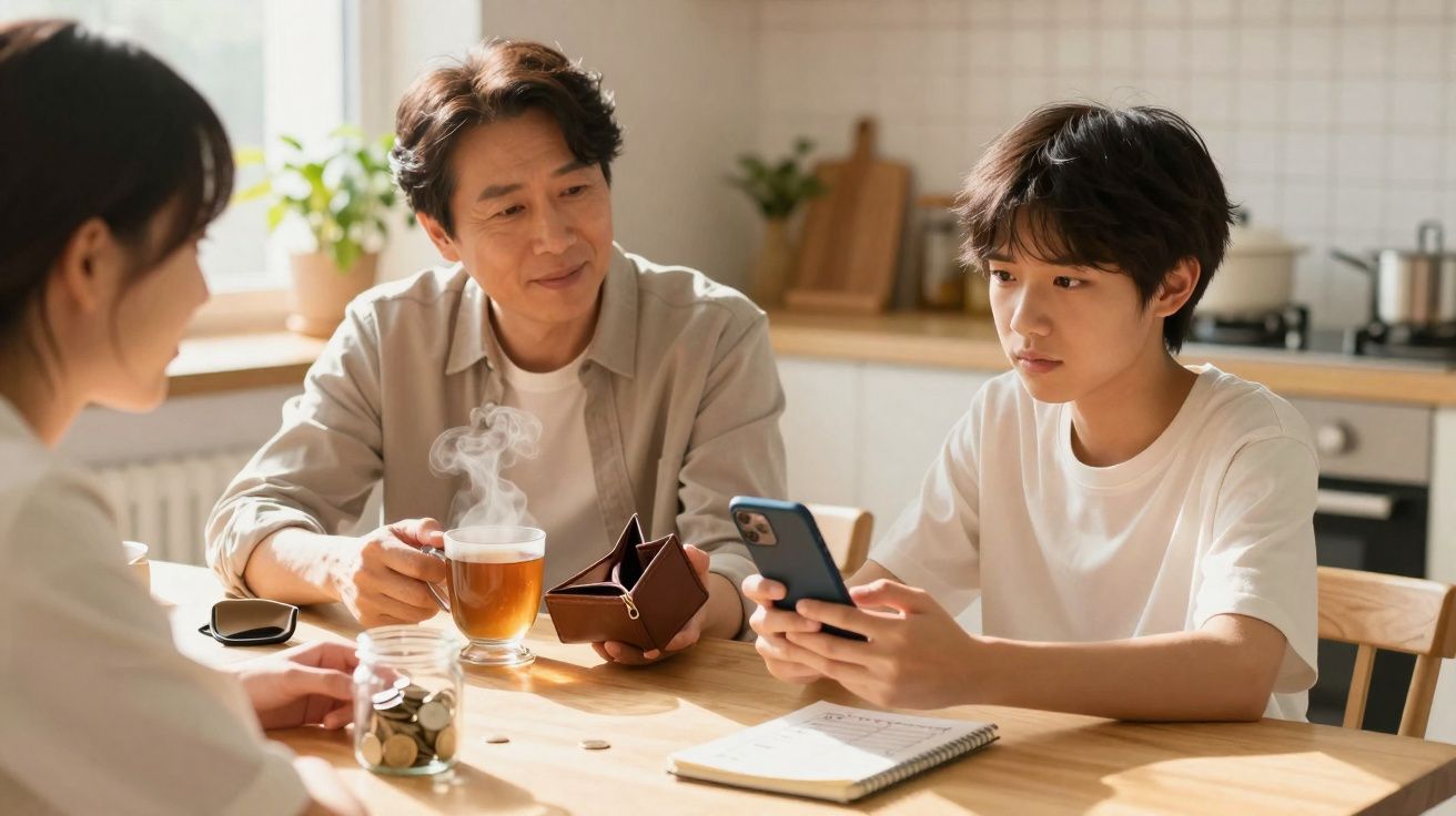 Homem com chá quente e carteira aberta conversa com jovem que olha para o telemóvel, enquanto outra pessoa observa à mesa.