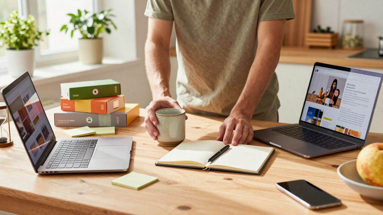 Pessoa a trabalhar numa secretária com dois computadores portáteis, caderno aberto e bebida numa caneca.