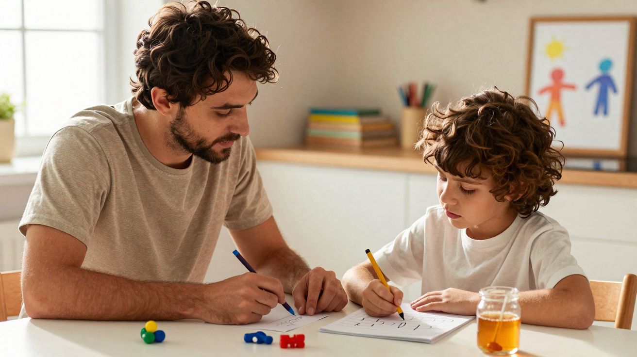 Homem e criança com lápis a praticar escrita num ambiente luminoso e tranquilo.