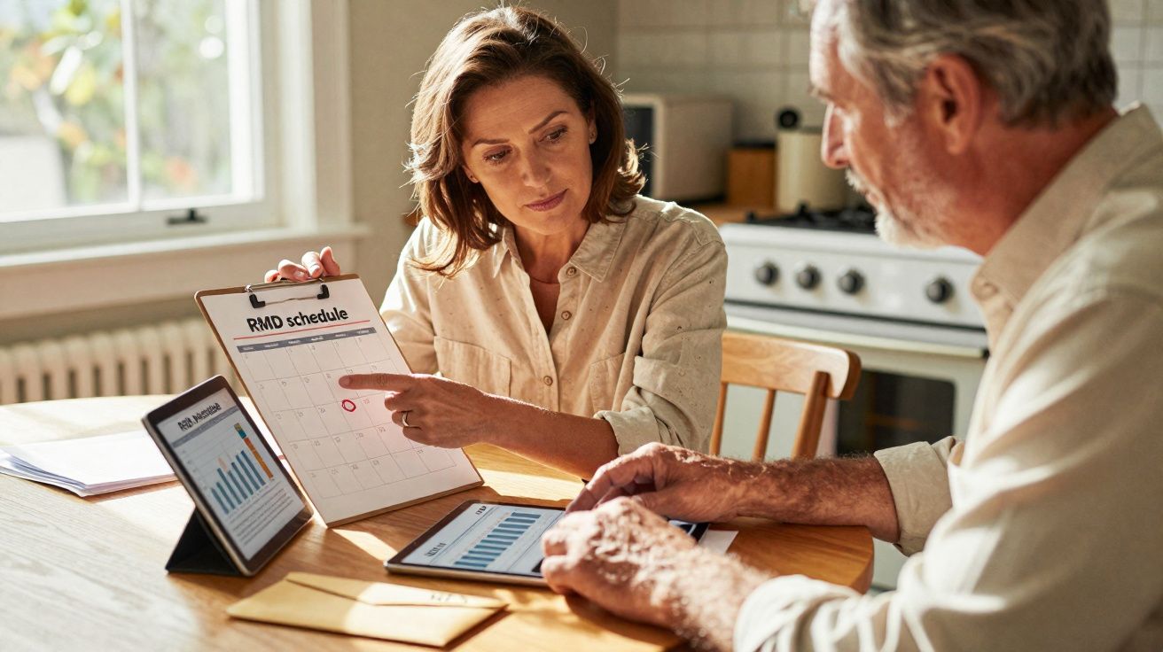 Mulher explica calendário a homem idoso sobre agendamento, com gráficos em tablets numa mesa de cozinha.