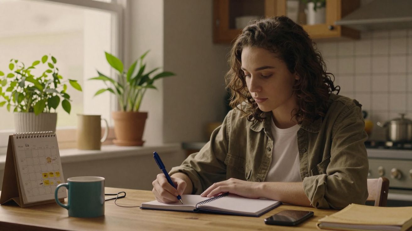 Mulher sentada numa cozinha a escrever num caderno com caneta azul, ao lado de uma caneca e um calendário.