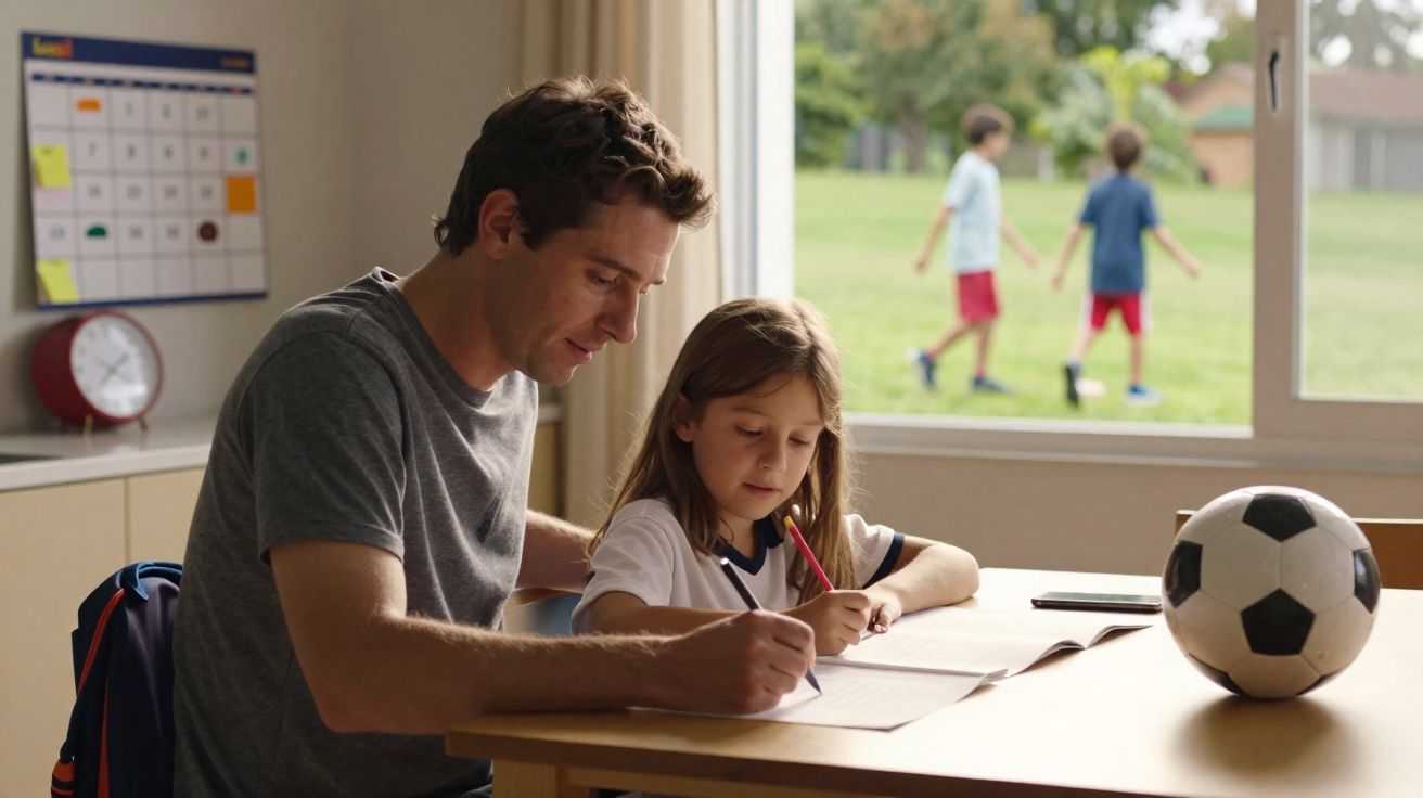 Homem ajuda criança com lição de casa numa mesa com bola de futebol, com duas crianças a brincar lá fora.