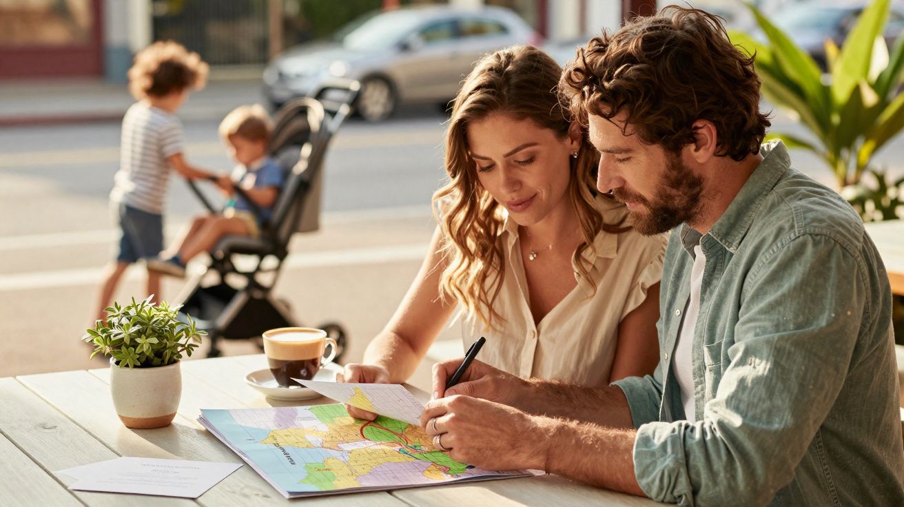 Casal sentado numa mesa ao ar livre, a planear viagem com um mapa, com duas crianças e um carrinho ao fundo.