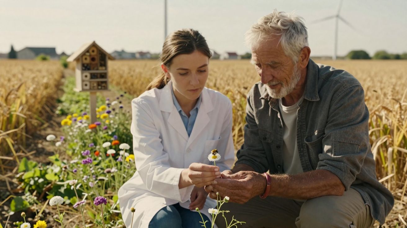 Agrónoma e agricultor analisam flor num campo com flores silvestres e cultura cerealífera ao fundo.