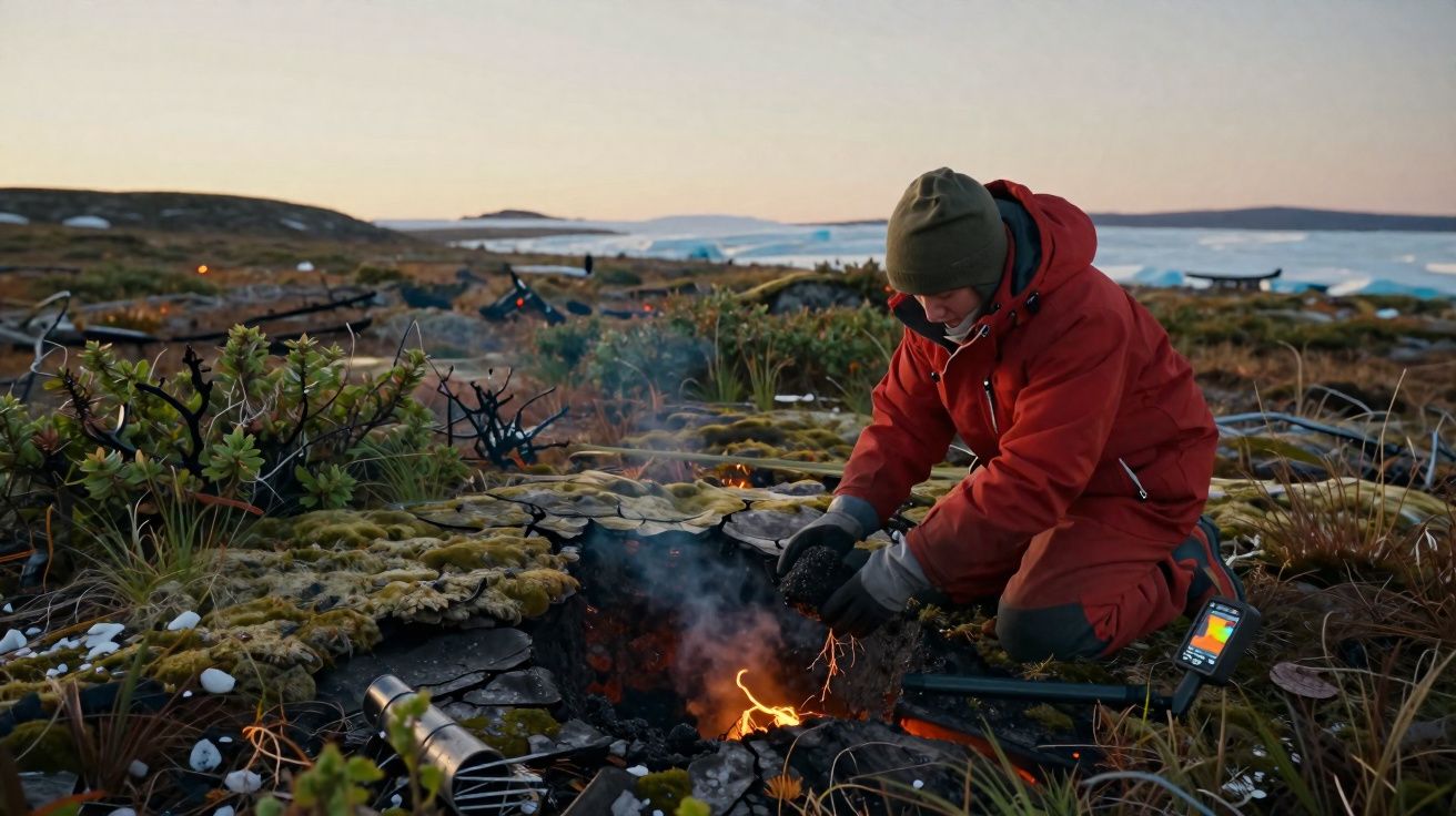 Pessoa agachada a fazer fogo numa paisagem rochosa e húmida ao ar livre, com roupa quente e gorro verde.