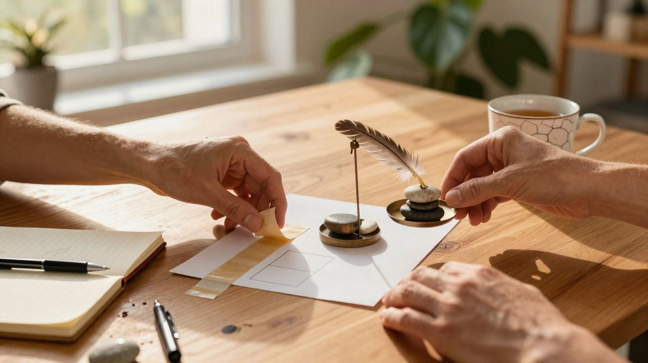 Duas mãos manipulam instrumentos de escrita antigos numa mesa de madeira junto a caderno e chá.