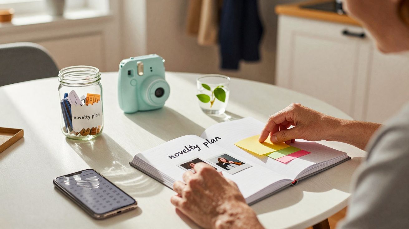 Pessoa a organizar notas adesivas num caderno com fotos, junto a jarro com papeis, câmara instantânea e telemóvel numa mesa.