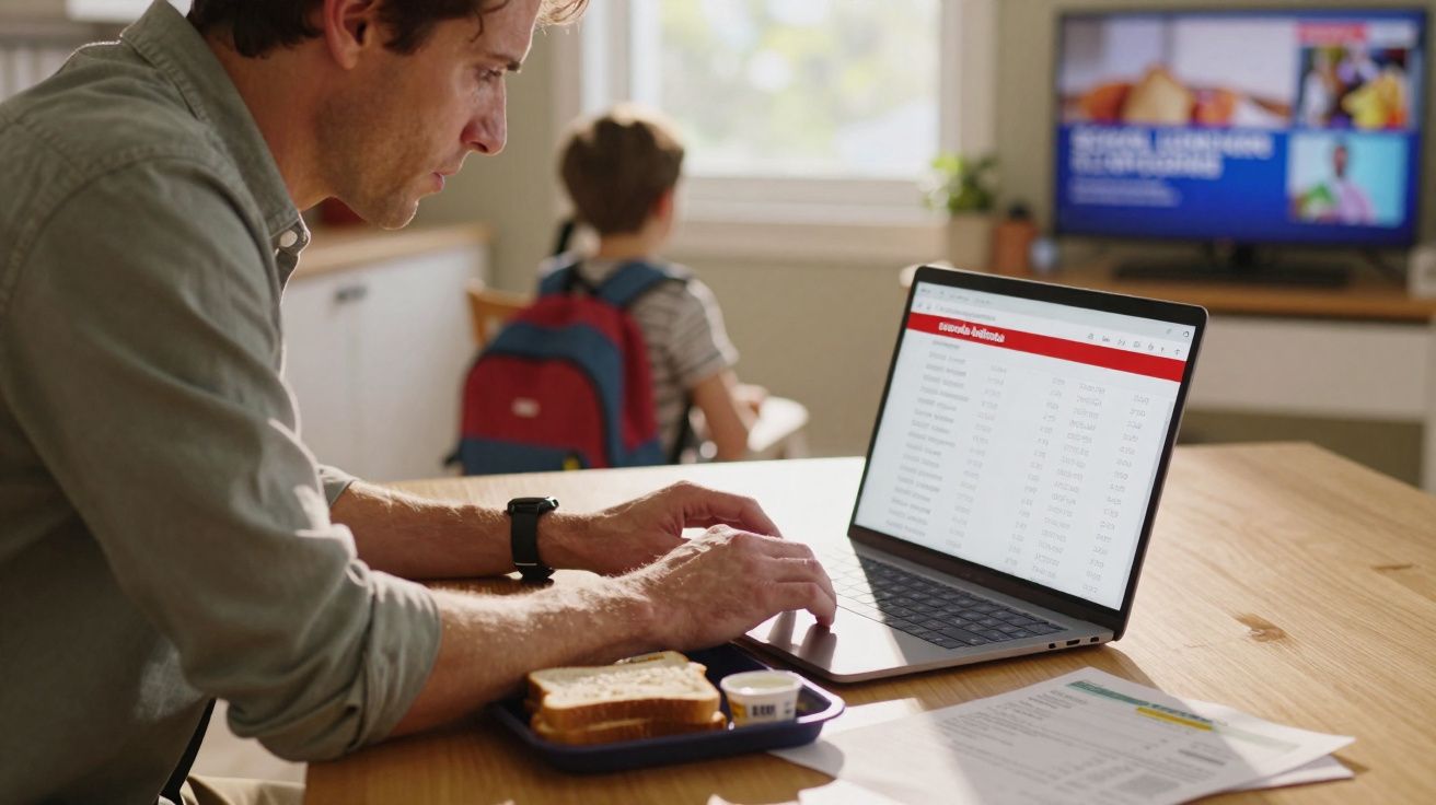 Homem a trabalhar num portátil à mesa com sanduíche e criança sentada ao fundo com mochila.