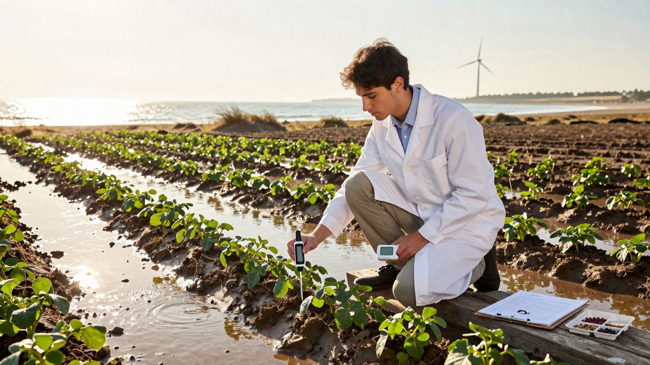 Homem com bata branca mede a humidade do solo num campo agrícola com turbinas eólicas ao fundo.