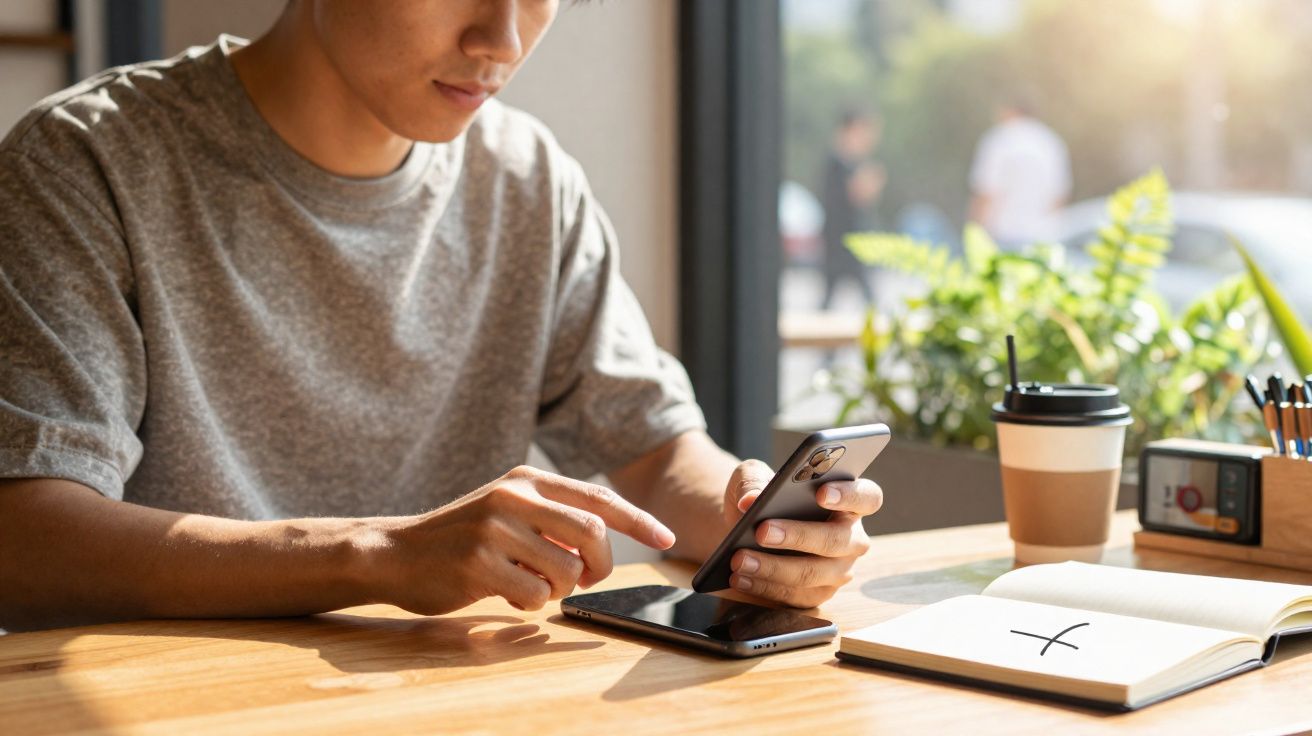 Pessoa sentada numa mesa com telemóvel, caderno aberto, caneta, café e planta junto a uma janela iluminada.
