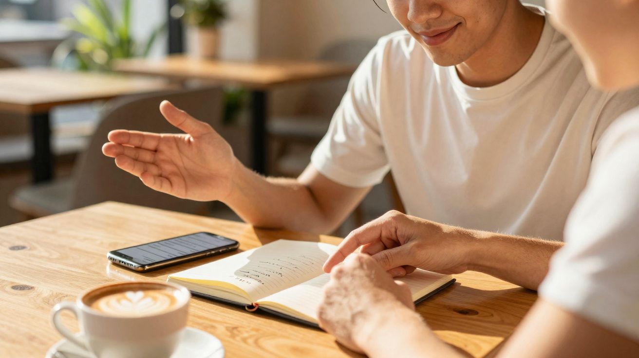 Duas pessoas sentadas à mesa com livro aberto, telemóvel e uma chávena de café com latte art.