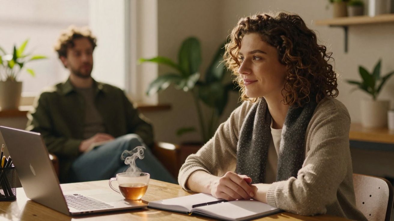 Mulher sentada à mesa com caderno aberto, laptop e chá quente, homem ao fundo desfocado em sala acolhedora.