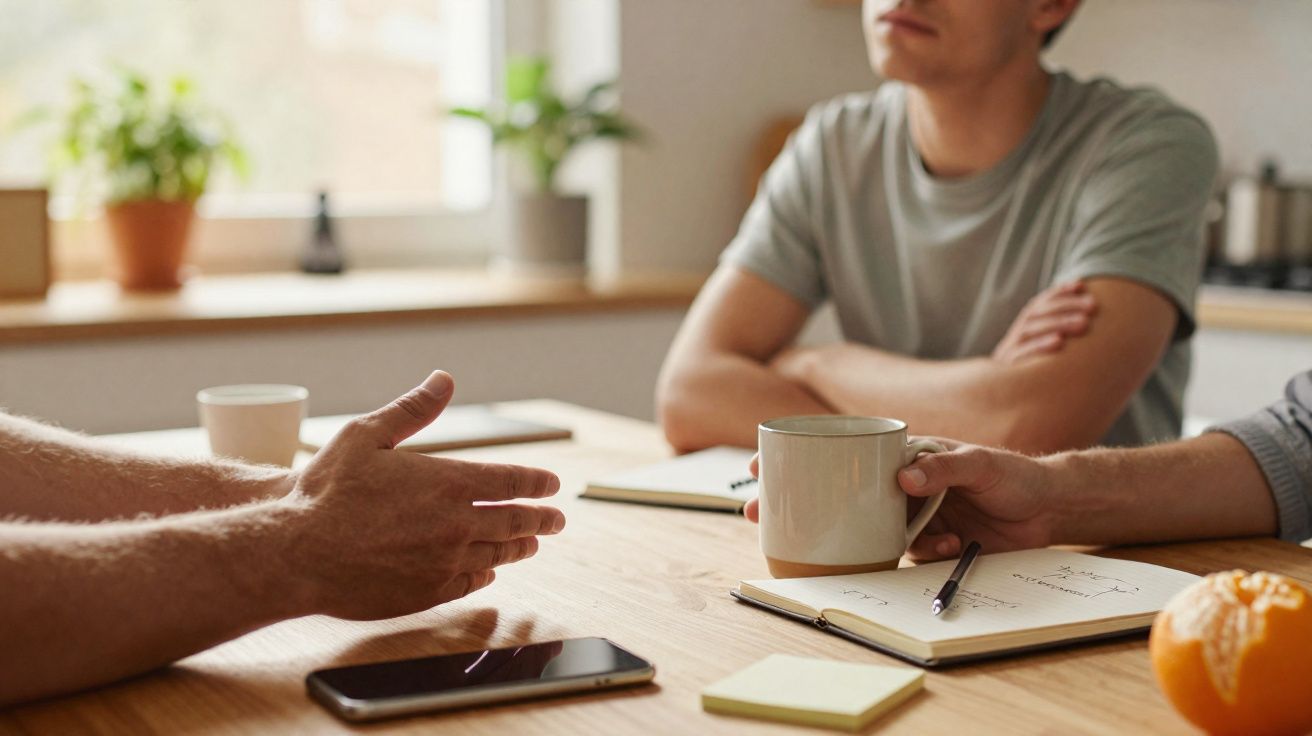 Duas pessoas sentadas numa mesa discutindo, com caderno, caneta, telemóvel, chávena e uma tangerina.