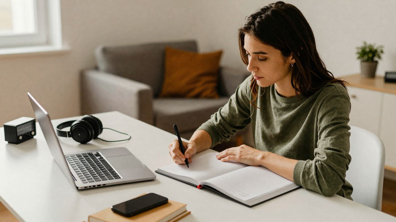 Mulher sentada à mesa a escrever num caderno, com portátil, auscultadores e telemóvel à sua frente.
