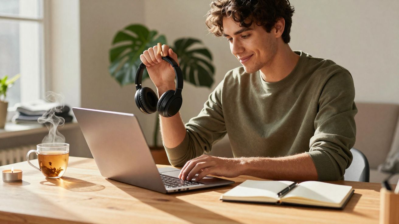 Jovem sentado a trabalhar num portátil, segurando auscultadores, com chá e caderno na secretária.