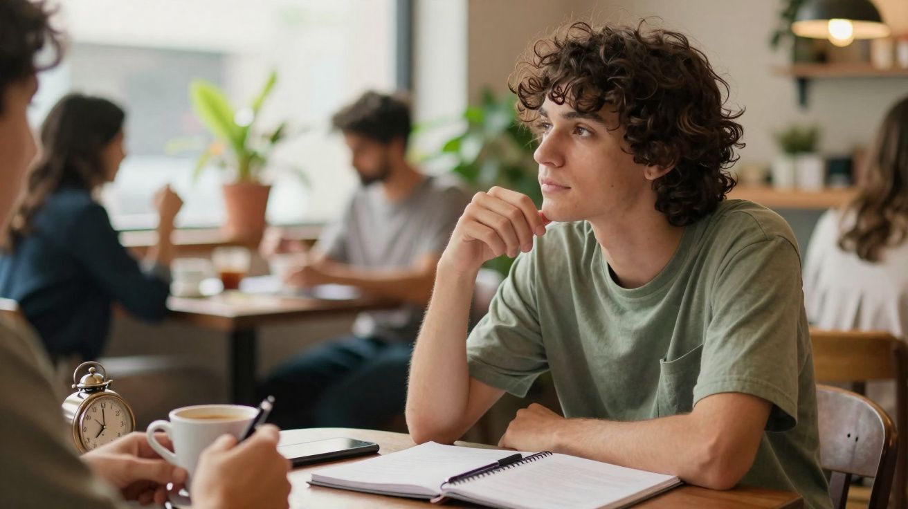 Jovem pensativo com caderno aberto sentado numa mesa de café com outras pessoas ao fundo.