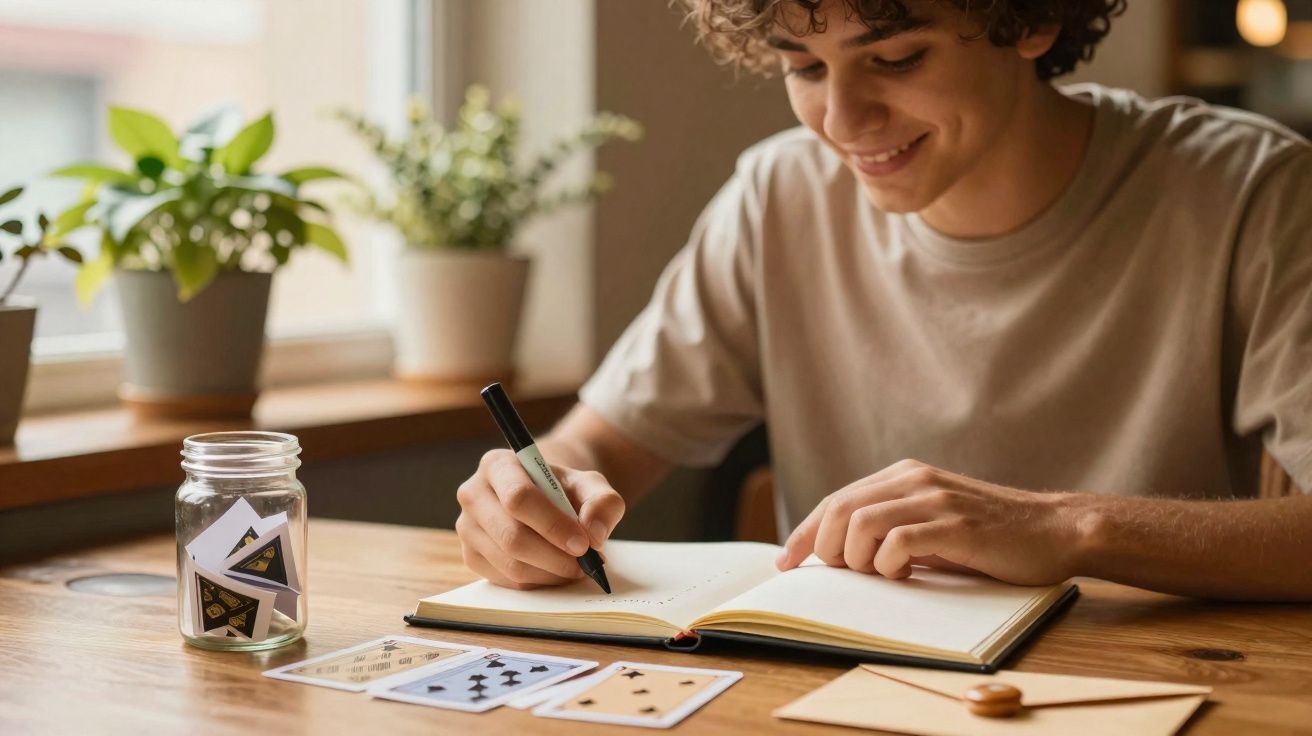 Jovem sentado a escrever num caderno à mesa com cartas, envelope e jarro com papéis, junto a uma janela com plantas.