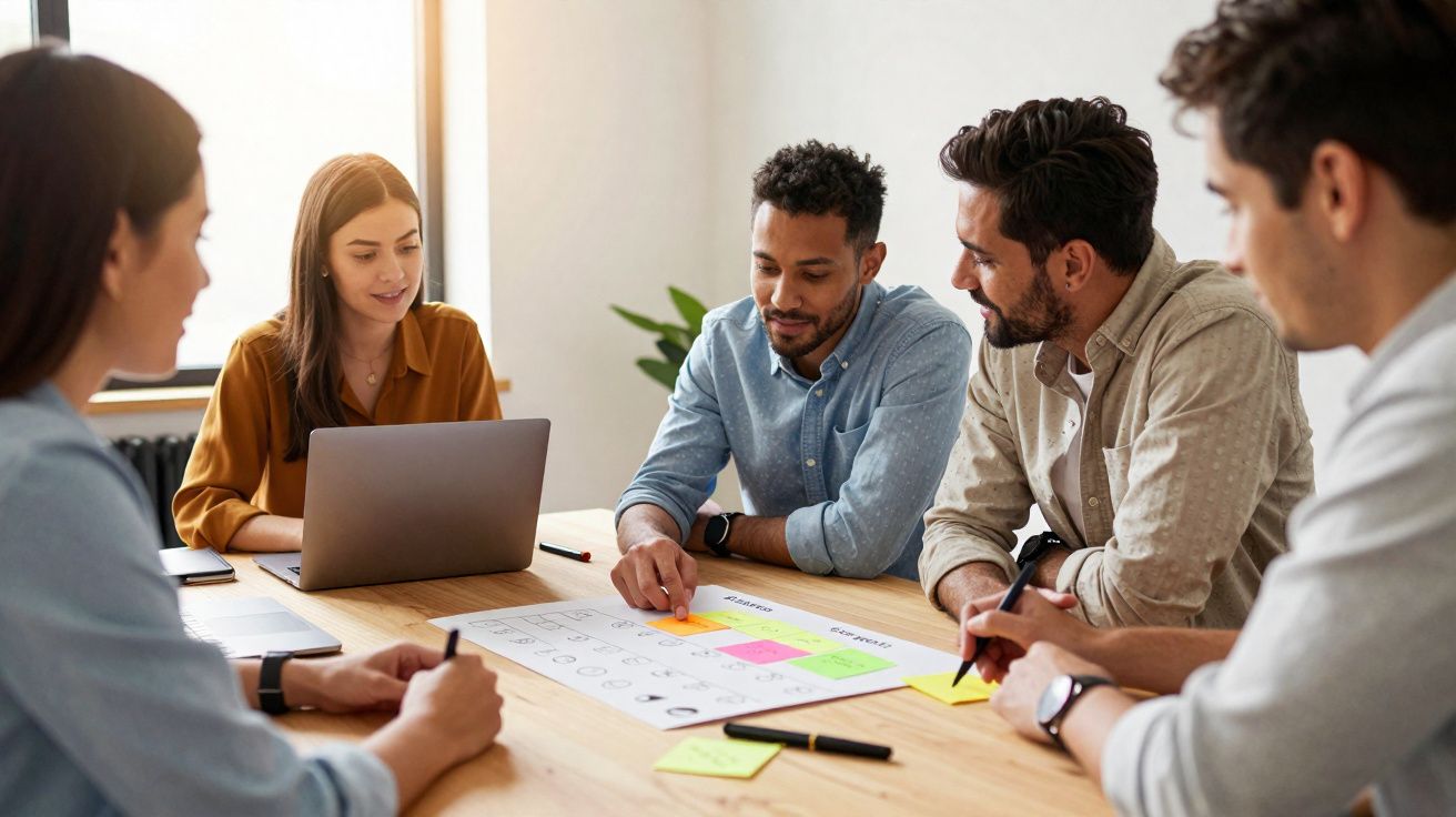 Grupo de cinco pessoas a colaborar num projeto com laptops e notas coloridas numa mesa de madeira.