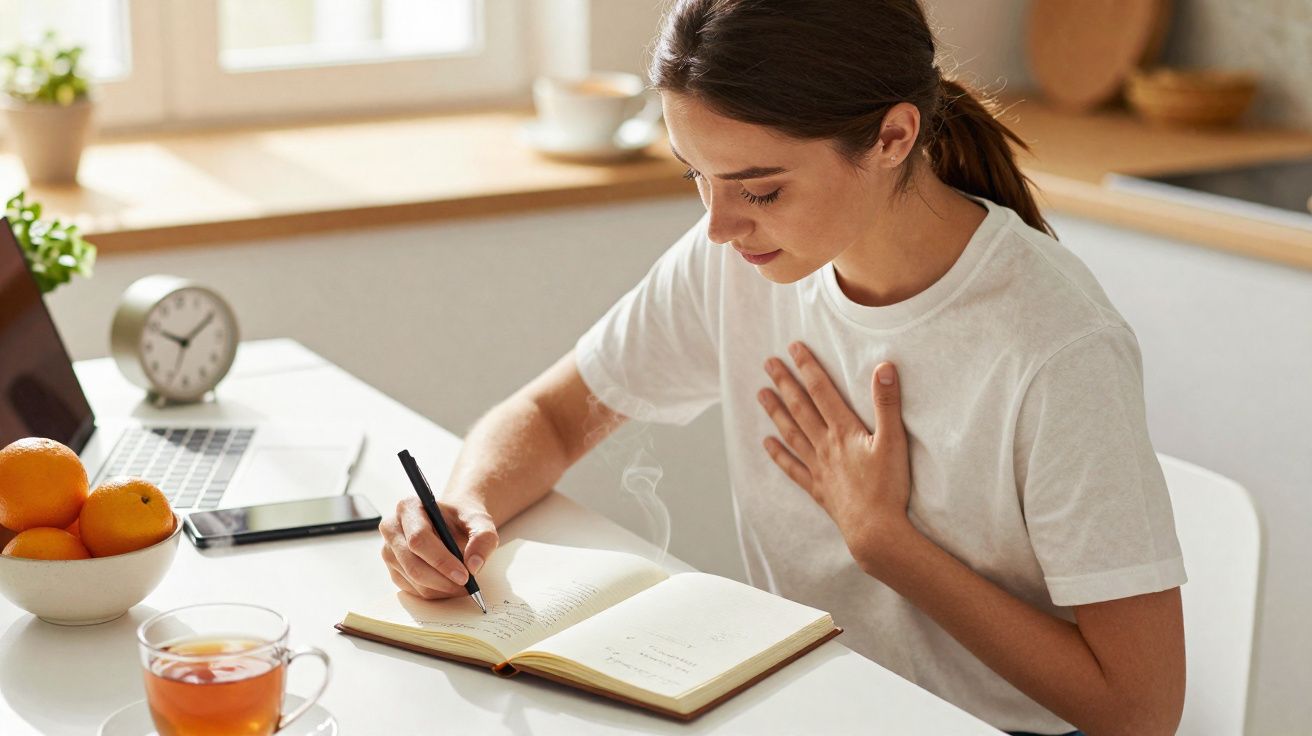 Mulher sentada a escrever num caderno enquanto segura o peito, com chá, frutas e computador à sua frente.