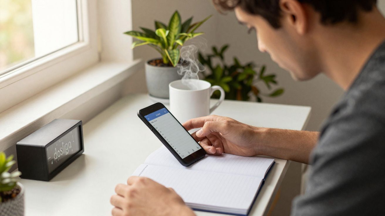 Homem consulta contactos no telemóvel junto a caderno aberto, caneca de café e plantas numa secretária junto à janela.