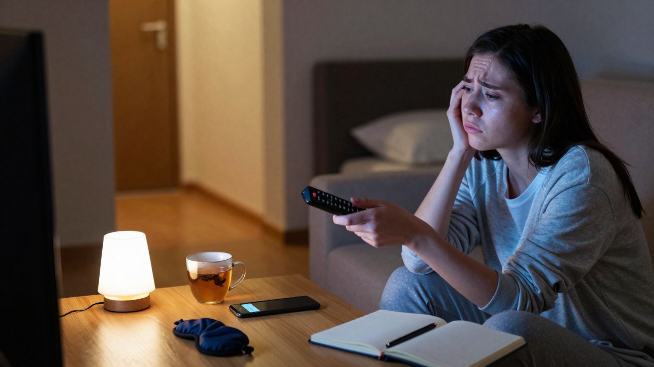 Mulher sentada no sofá à noite a olhar preocupada para a televisão, segurando comando e com chá na mesa.