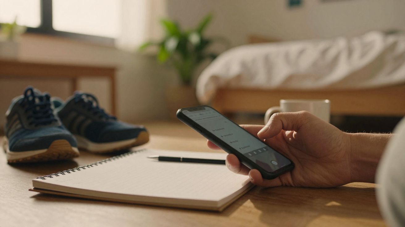 Mão segura telemóvel sobre mesa com caderno, caneta, sapatilhas e planta desfocada ao fundo.