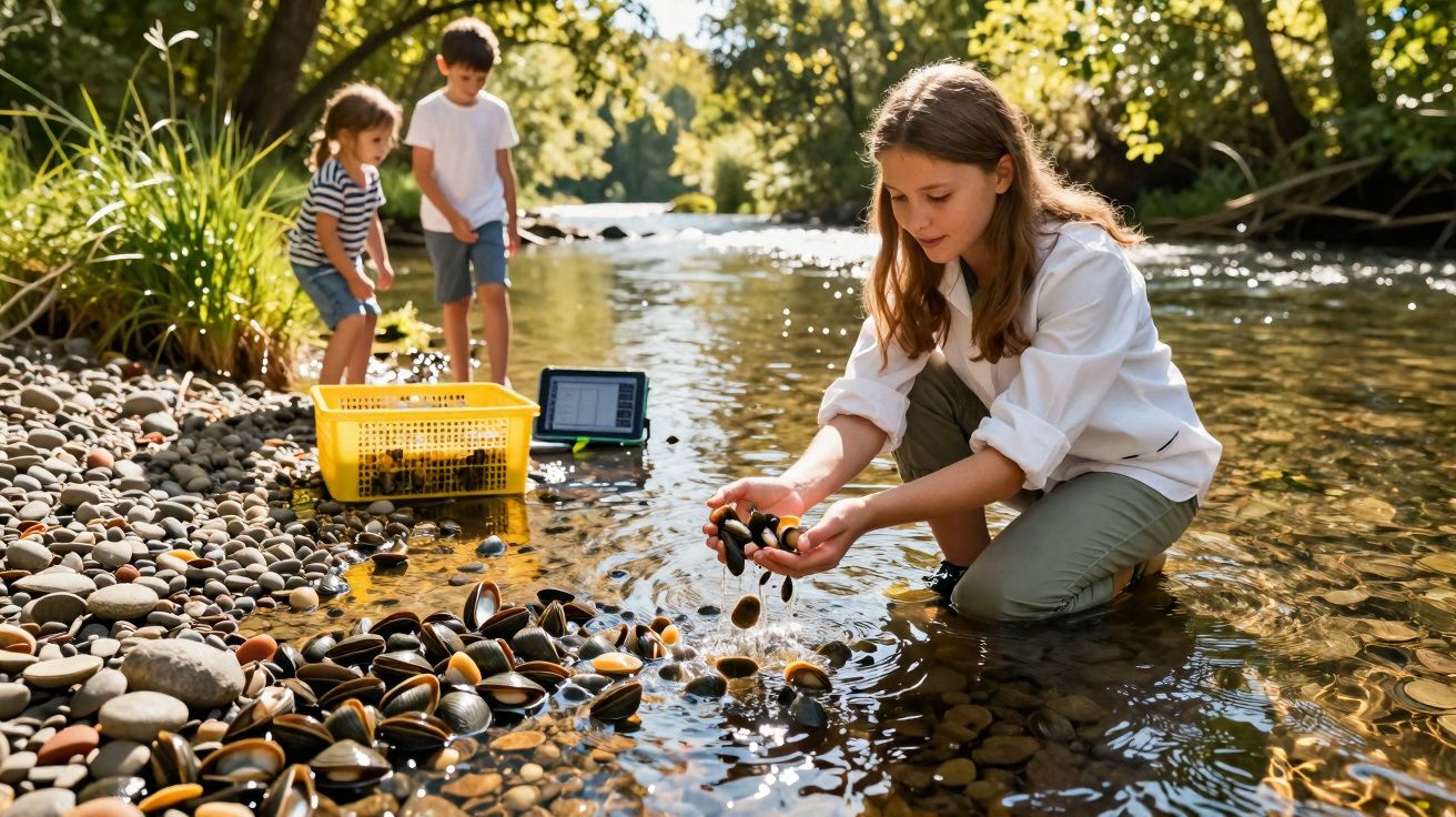 Criança recolhe mexilhões em rio com duas crianças ao fundo e uma caixa amarela na margem rochosa.