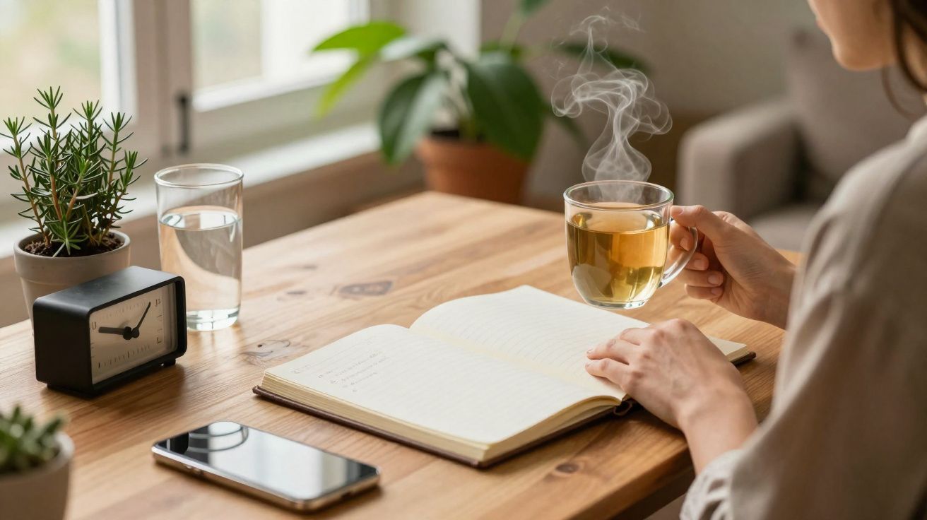 Pessoa a ler um livro numa mesa com chá quente, relógio, copo de água, telemóvel e plantas perto da janela.