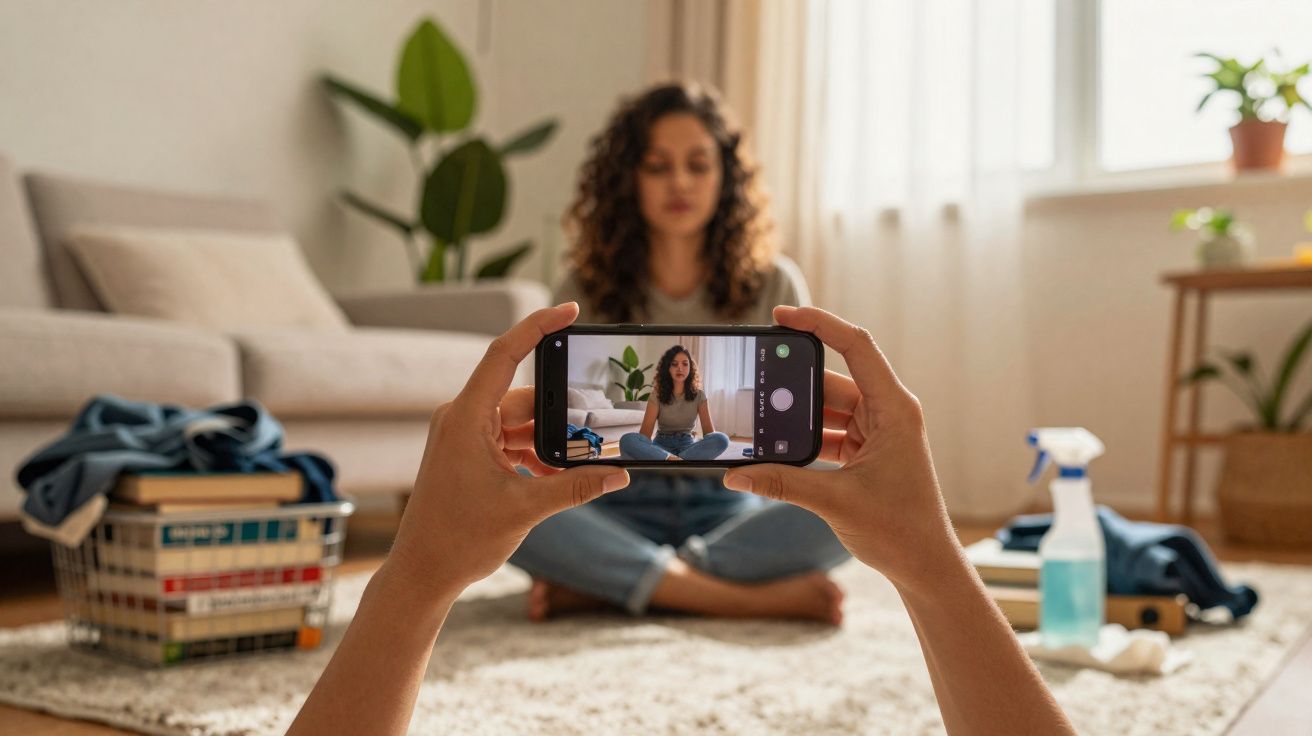Pessoa sentada de pernas cruzadas no chão a ser fotografada com smartphone em sala iluminada e arrumada.