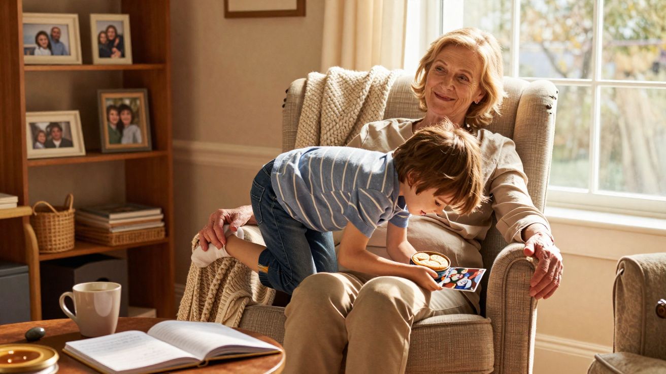 Avó sorridente sentada numa poltrona com neto a mostrar-lhe um livro ilustrado junto à janela iluminada.