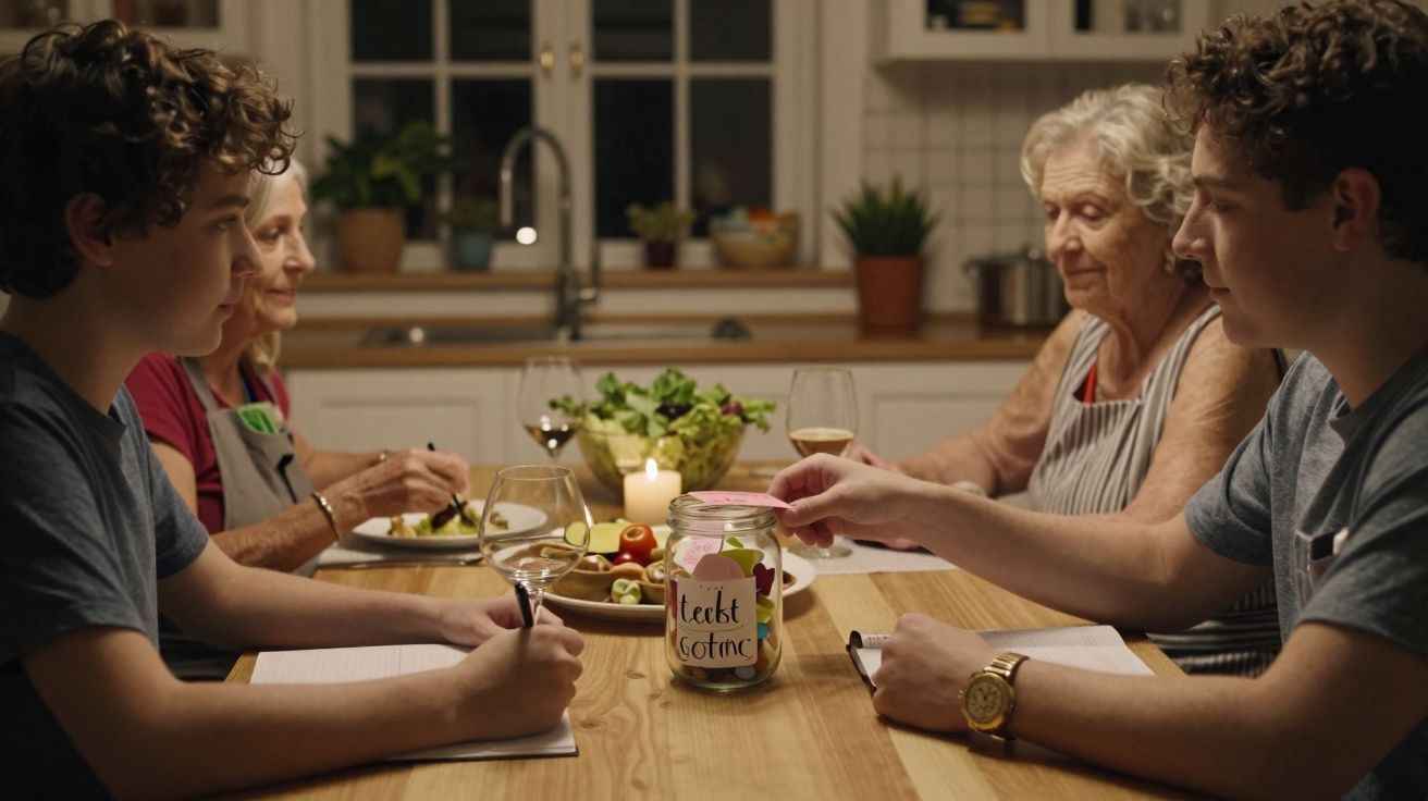 Duas gerações de uma família sentadas à mesa, com frasco de poupança ao centro e comida à volta.