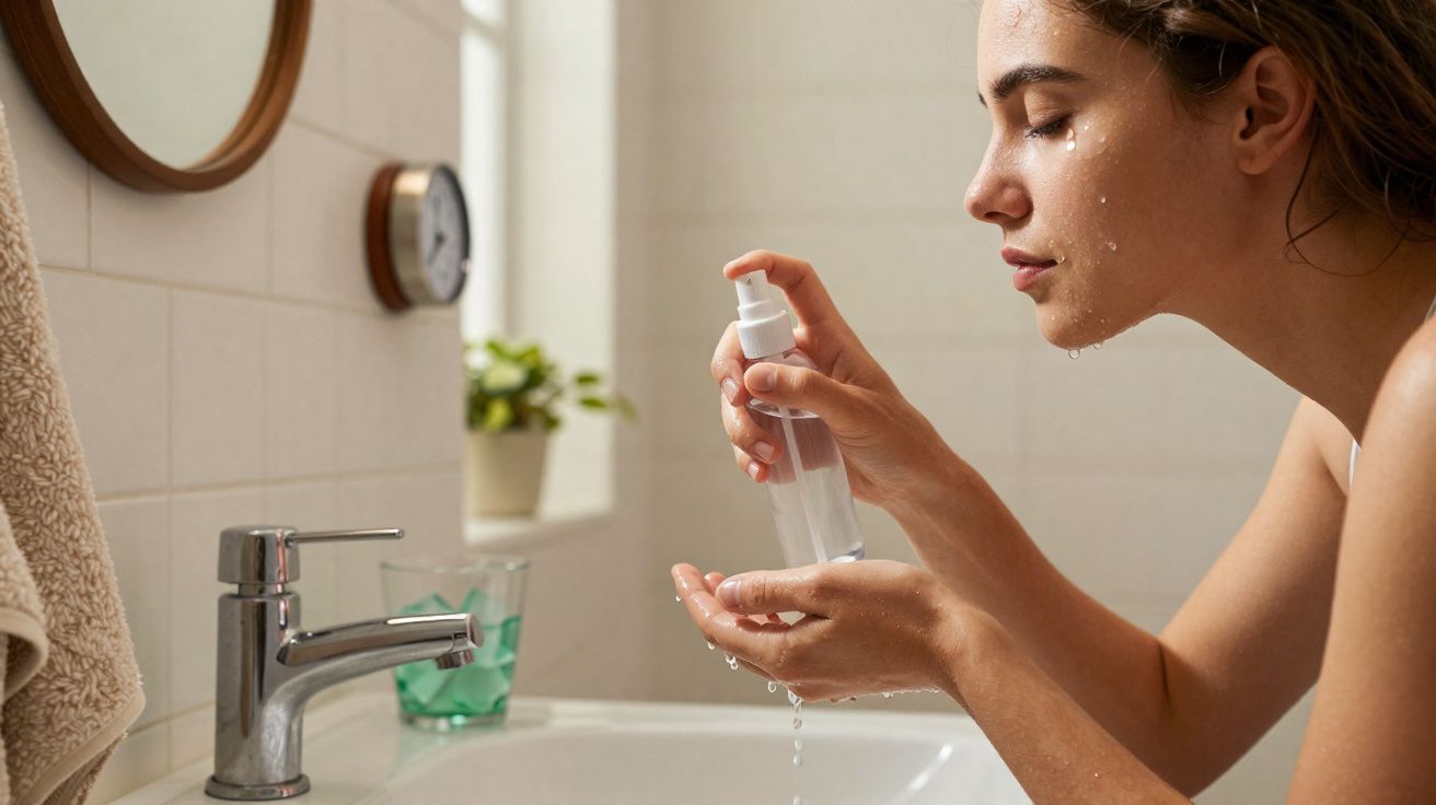 Mulher a borrifar produto de cuidados faciais junto a uma tina de casa de banho com espelho redondo.