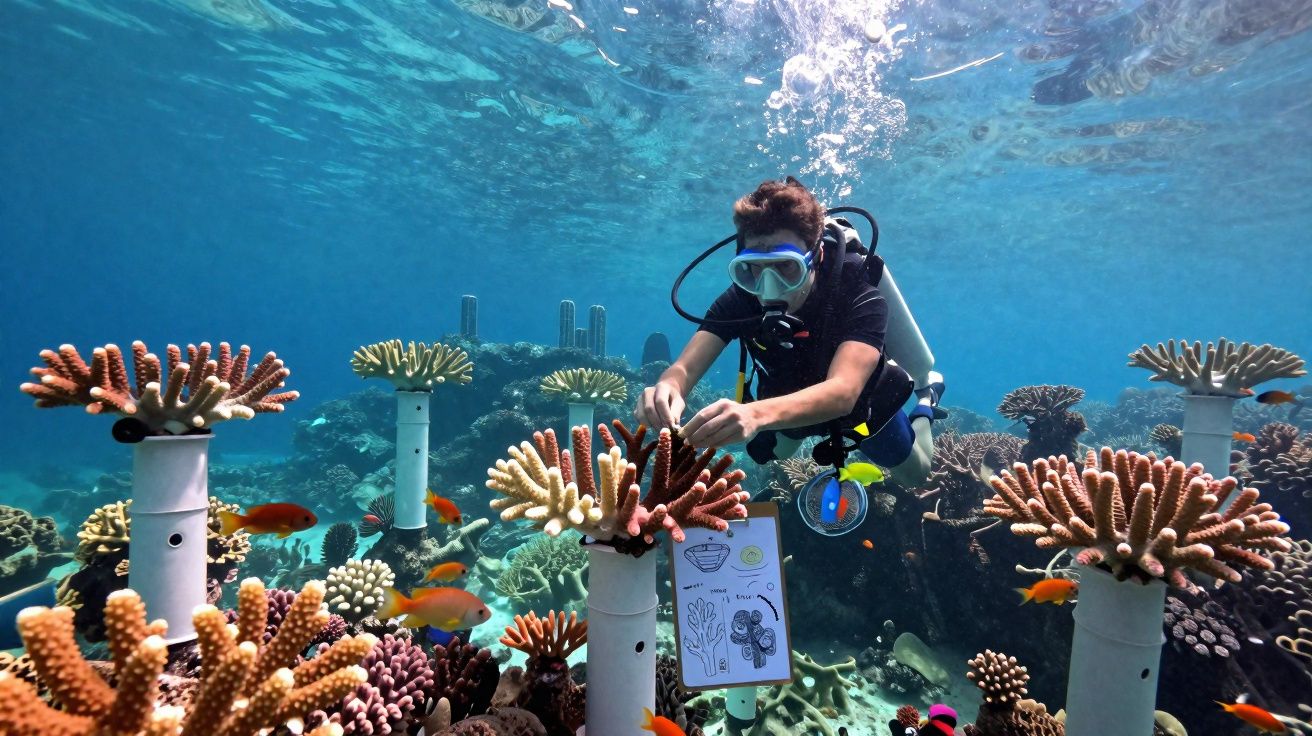 Mergulhador a cuidar de corais artificiais submersos com peixes coloridos à volta.