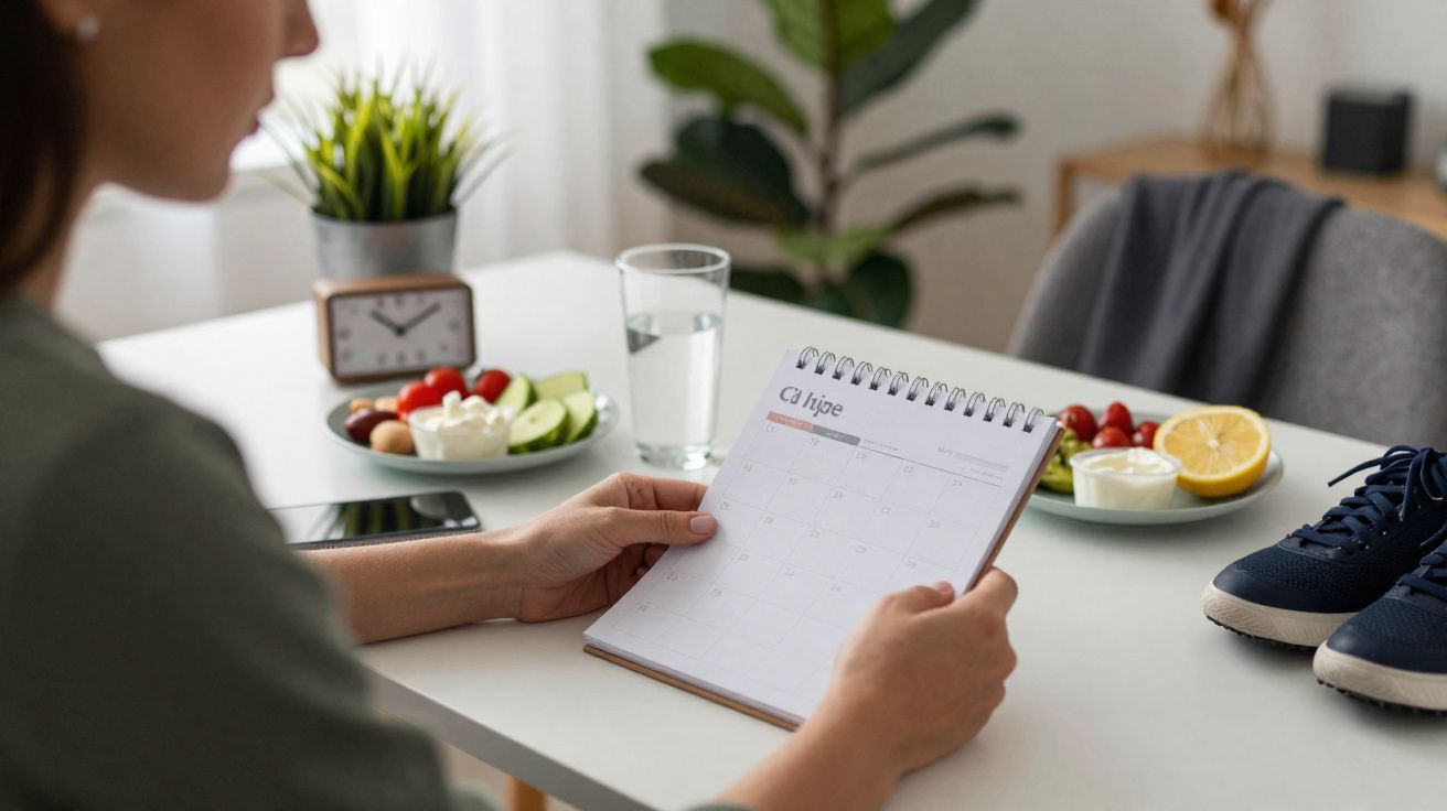 Pessoa sentada a olhar para um calendário numa mesa com prato de frutas, relógio, copo de água e ténis.