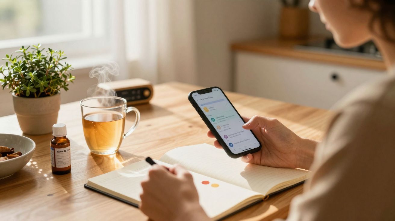 Pessoa a consultar mensagens no telemóvel enquanto escreve num caderno, com chá quente e planta numa mesa iluminada.