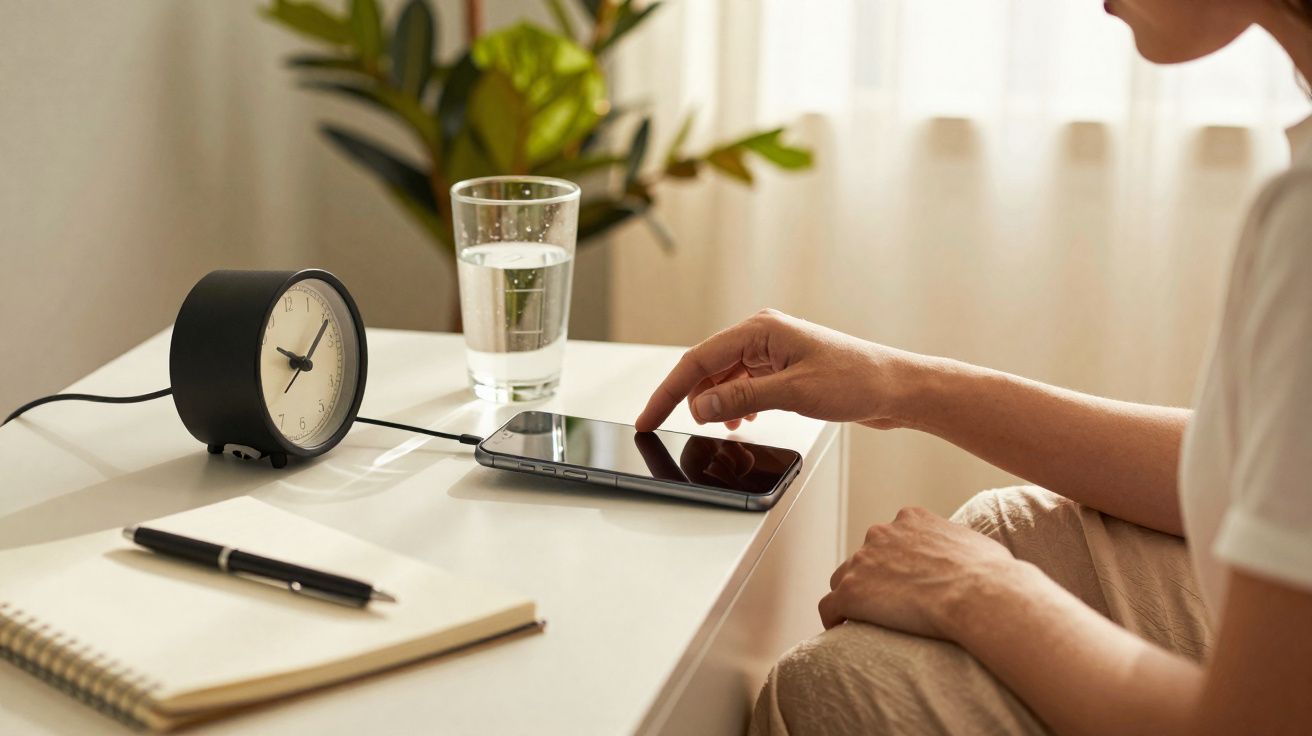 Pessoa sentada a tocar no telemóvel numa mesa com telemóvel, relógio, copo de água e caderno.