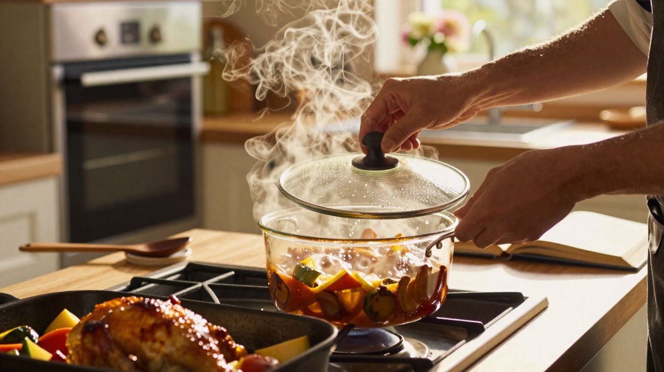 Pessoa a levantar a tampa de panela com legumes a cozinhar no fogão numa cozinha iluminada.