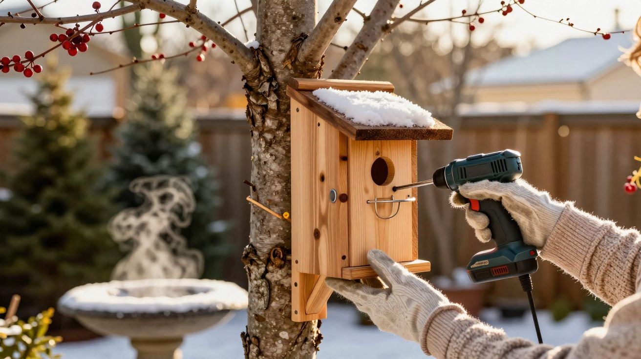 Pessoa com luvas a fixar casa de pássaros em árvore com uma pequena camada de neve no telhado.