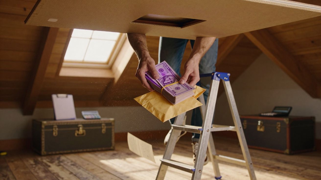 Pessoa a esconder maço de notas violetas em envelope num sótão com escada e baús antigos.