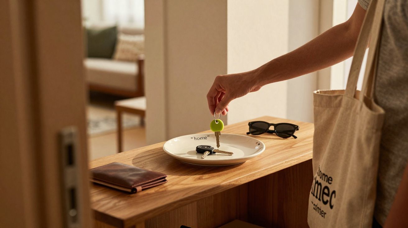 Mão a pousar chave num prato com a palavra "home" numa mesa de madeira com óculos e carteira.