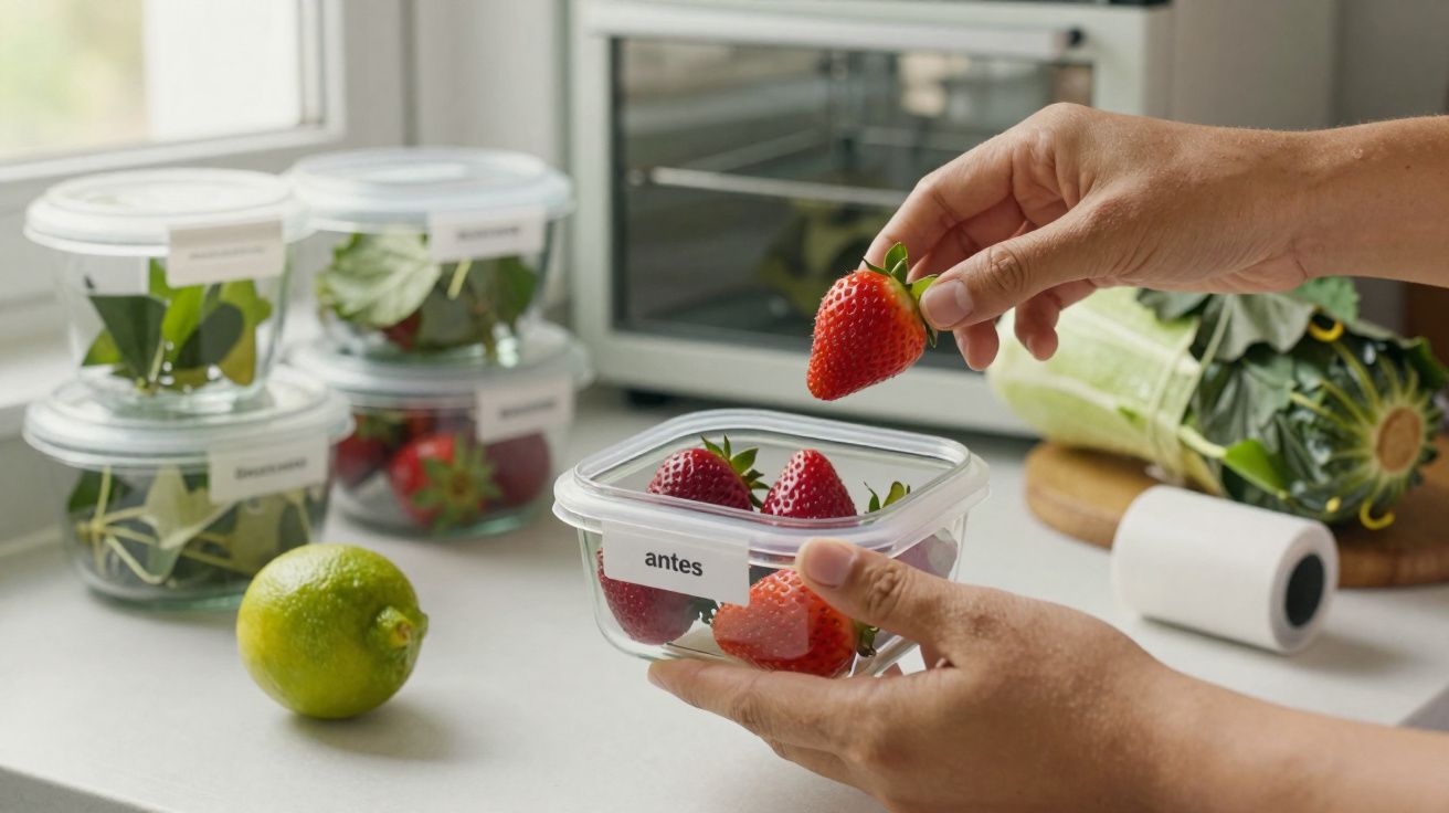 Mãos a colocar morangos numa caixa de plástico etiquetada com "antes" sobre bancada de cozinha.