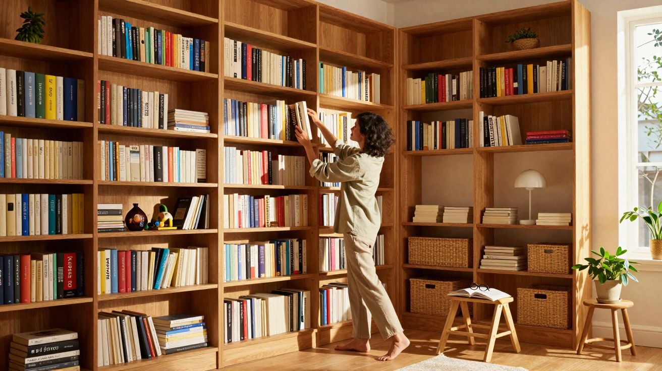 Mulher a organizar livros numa ampla estante de madeira num quarto luminoso com plantas e janela aberta.
