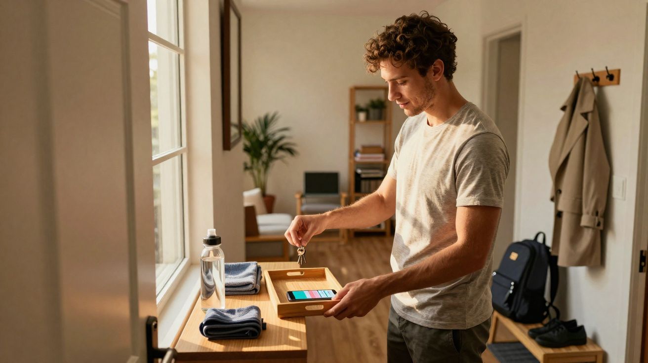 Homem a guardar chaves numa caixa junto à janela numa entrada de casa iluminada naturalmente.