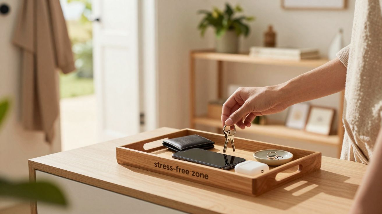Mão a pegar chaves num tabuleiro com texto "stress-free zone", com carteira, telemóvel, auscultadores e anéis.