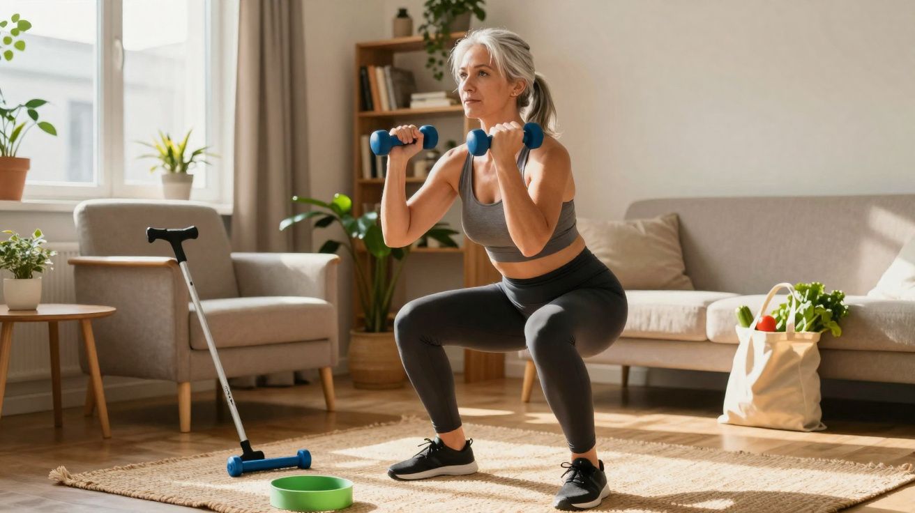 Mulher sénior a fazer agachamentos com pesos azuis na sala de estar, com cadeira de rodas ao lado.