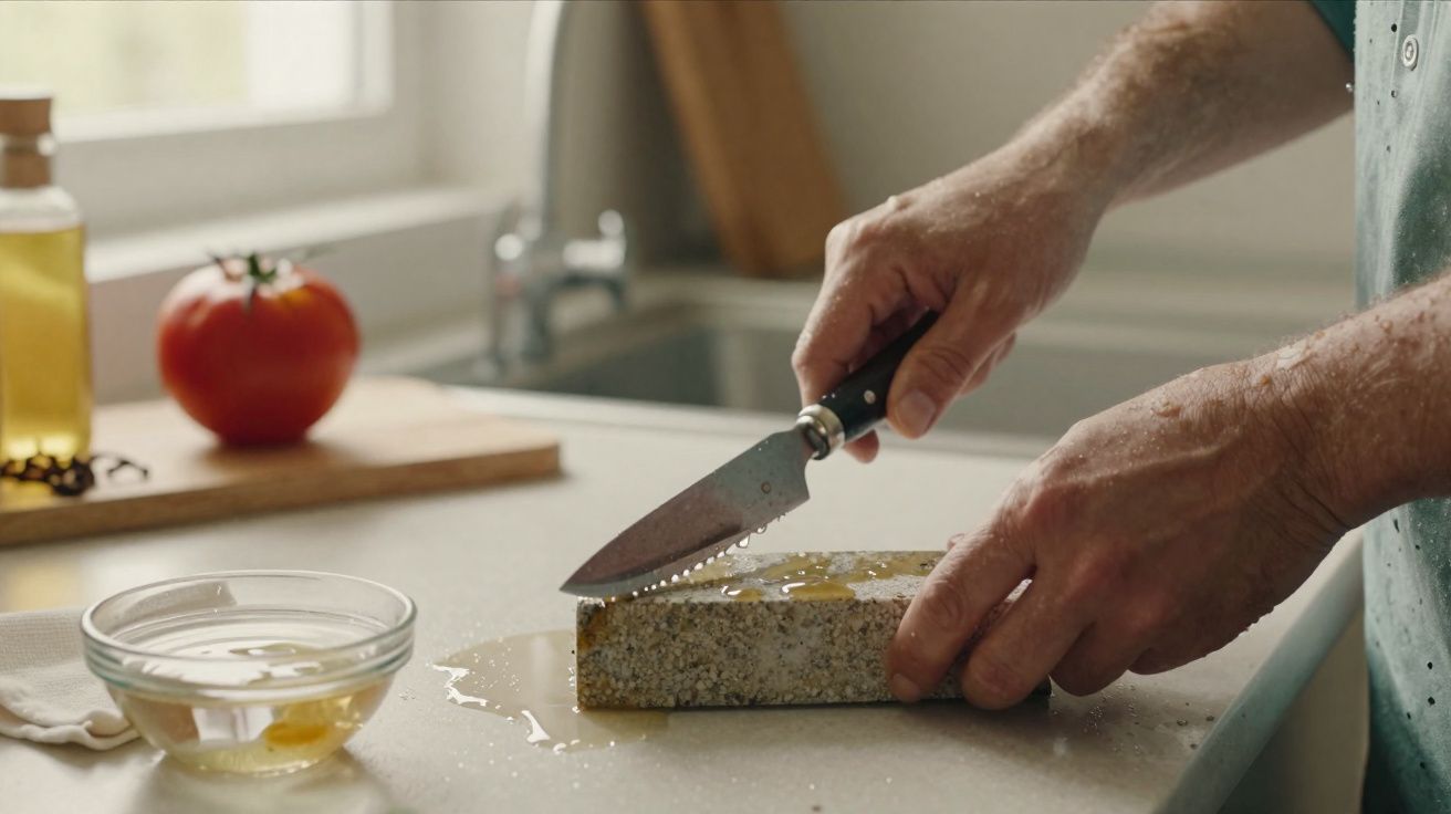 Mãos a cortar um bloco de tofu numa bancada de cozinha com um tomate, azeite e um recipiente de vidro.