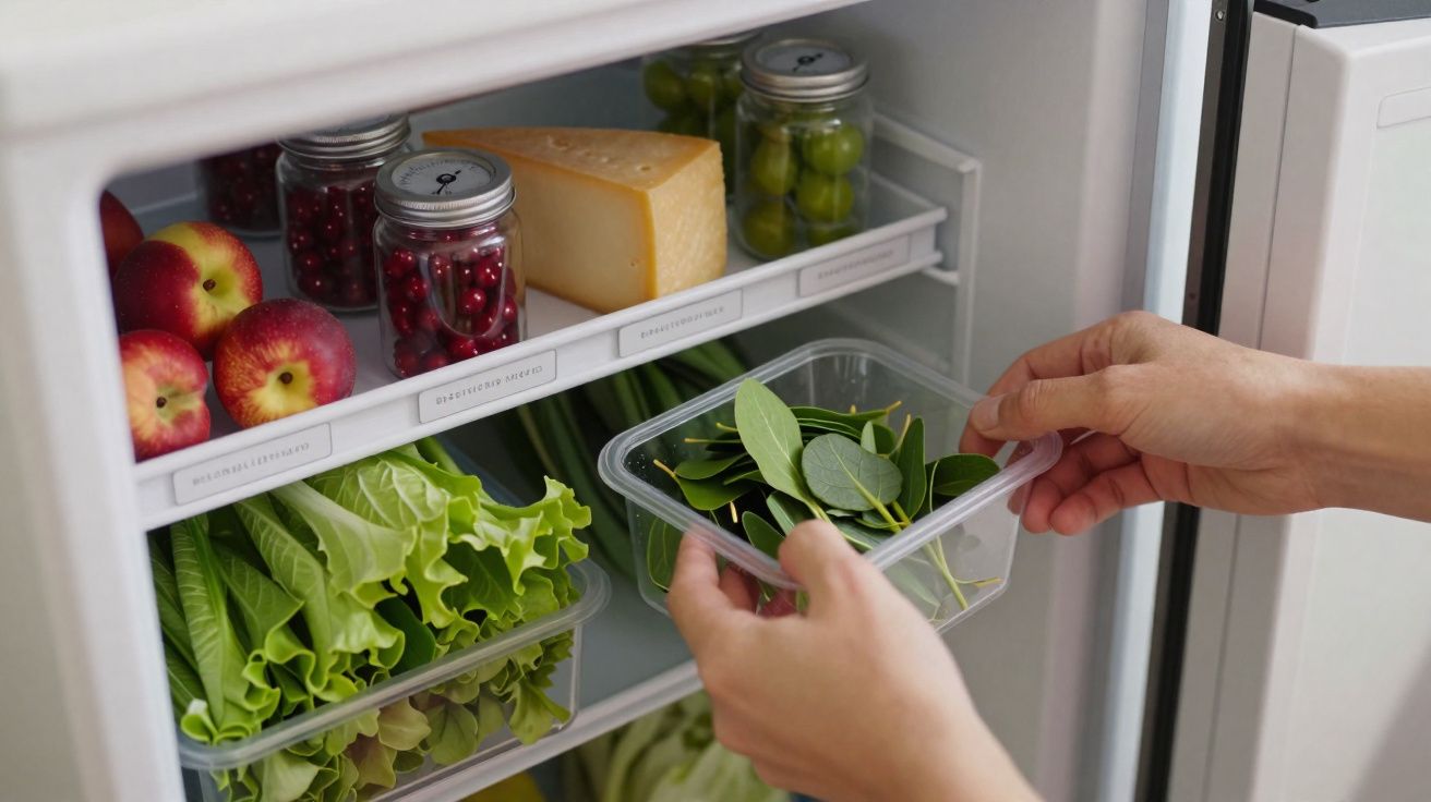 Mãos a colocar caixa com folhas verdes no frigorífico com maçãs, queijo, uvas, alfaces e frascos de fruta.