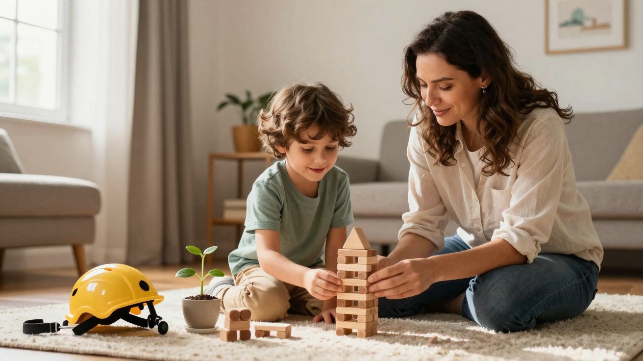 Criança e mulher brincam juntos a construir torre de blocos de madeira numa sala iluminada.