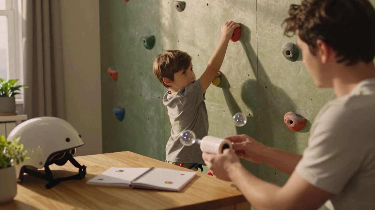 Criança a escalar parede de escalada interior enquanto adulto sopra bolhas de sabão numa mesa próxima.